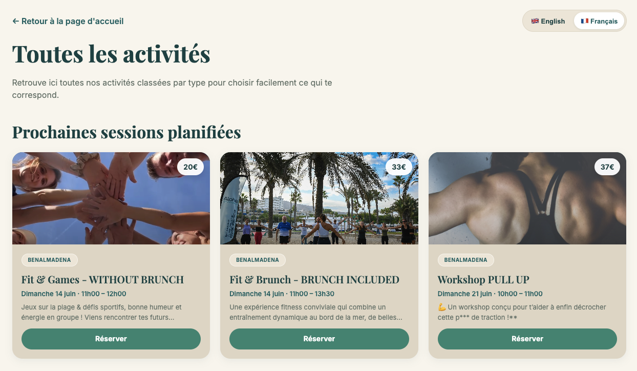 Aloha Fit Experience — page des sessions