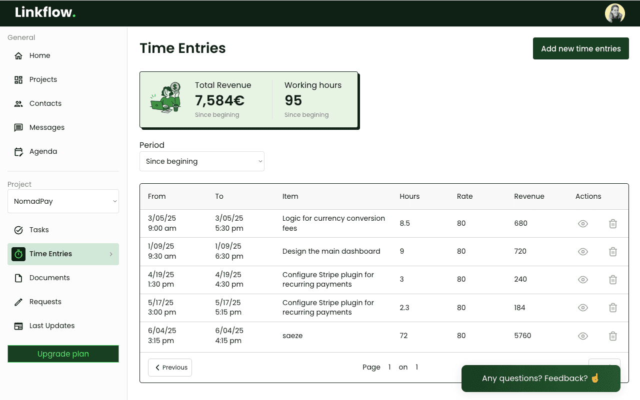 Time entries & revenue tracking